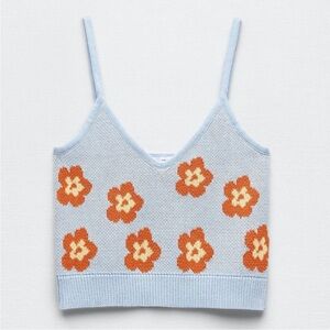 Zara Floral Jacquard Knit Vest Sweater Crop Cami Top Women’s Medium Blue Orange